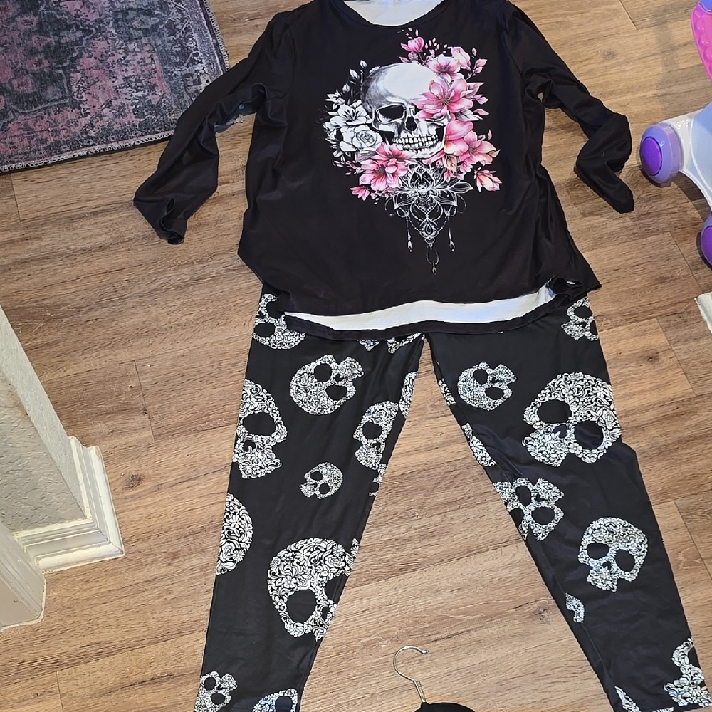 Skull and Floral Black Kids Pajamas